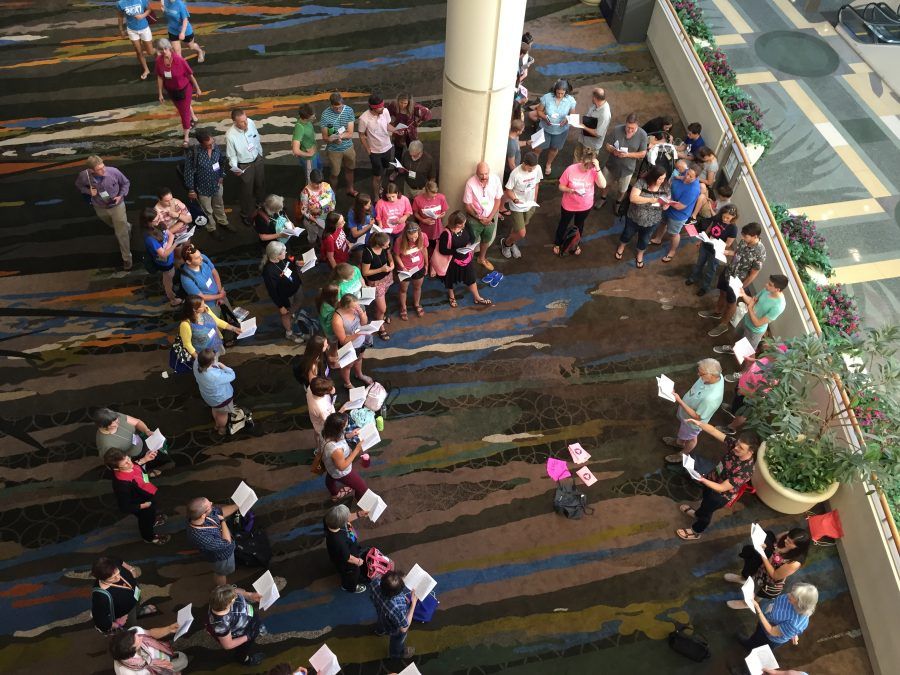 Pink hymn sing on Wednesday night, July 5 before Youth Worship at the Mennonite convention in Orlando.